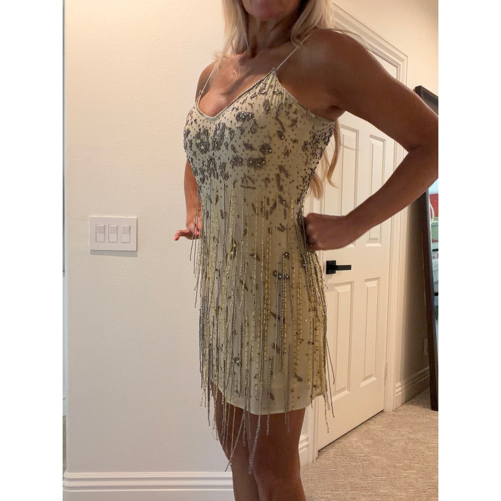 Haute Hippie Beaded Fringe Mini Dress Cream Silver Gold Flapper‎ Style Size 0 - Picture 3 of 12